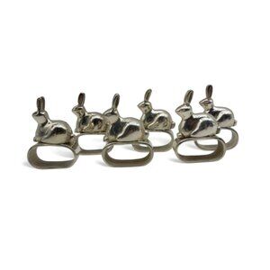 Bunny Rabbit NAPKIN HOLDER Ring Set of 6 Heavy Silver Tone Metal